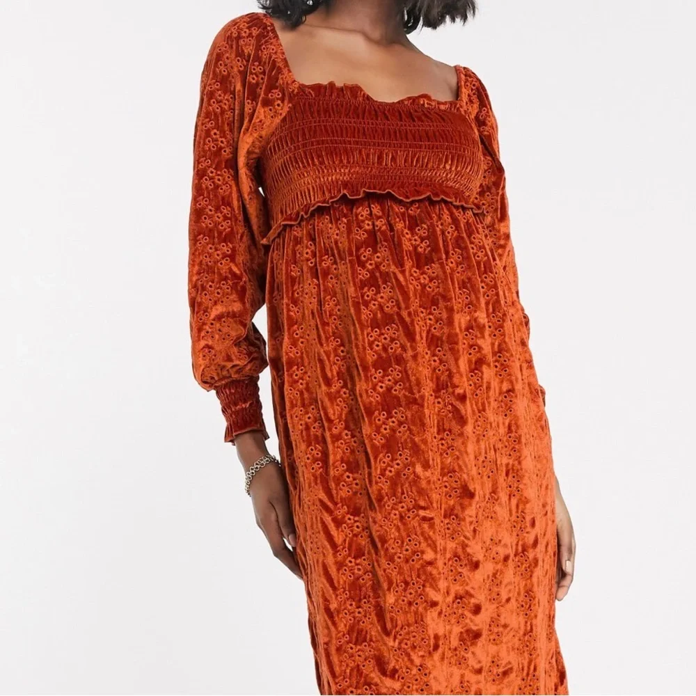 ASOS velvet broderie shirred midi dress burnt red eyelet lace long sleeve US6 - Picture 4 of 13